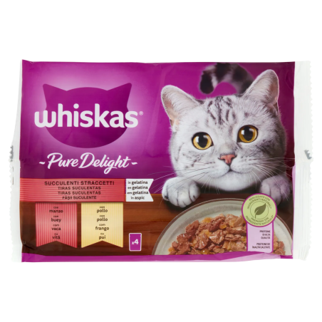 5900951303241Whiskas Gatto Pure Delight Succulenti Straccetti in Gelatina con Manzo e Pollo 4x85gr