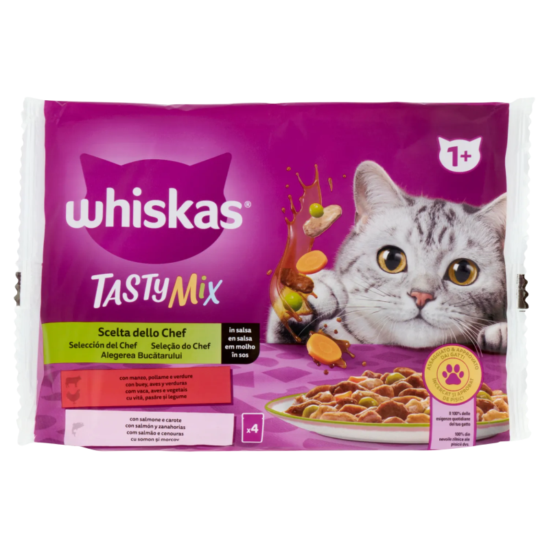 4770608262730Whiskas Tasty Mix Scelta dello Chef In Salsa Con Manzo Pollame e Verdure, Con Salmone e Carote 4x85gr