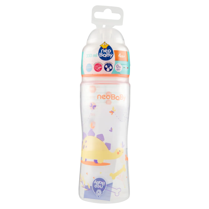 8058664165520Neo Baby Biberon Plastica Collo Largo Dino Arancio 4m+ 330ml